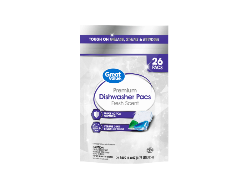 Great Value Premium Dishwasher Pacs, Fresh Scent, 11.8 oz/335 g, 26 Count