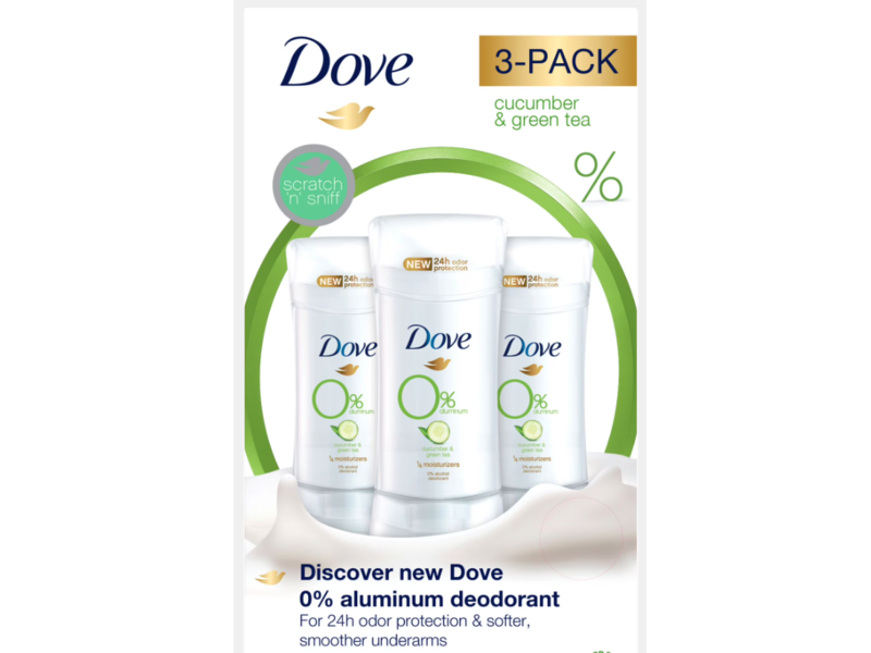 Dove 0% Aluminum ¼ Moisturizers Deodorant, Cucumber & Green Tea, 2.6 oz/74 g, 3 Count
