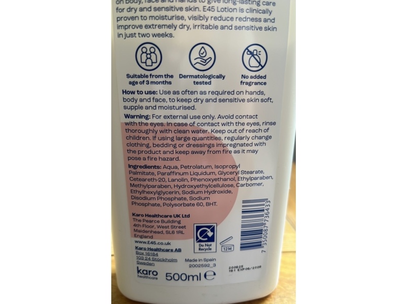 E45 24-Hour Moisturisation Lotion, 500 mL