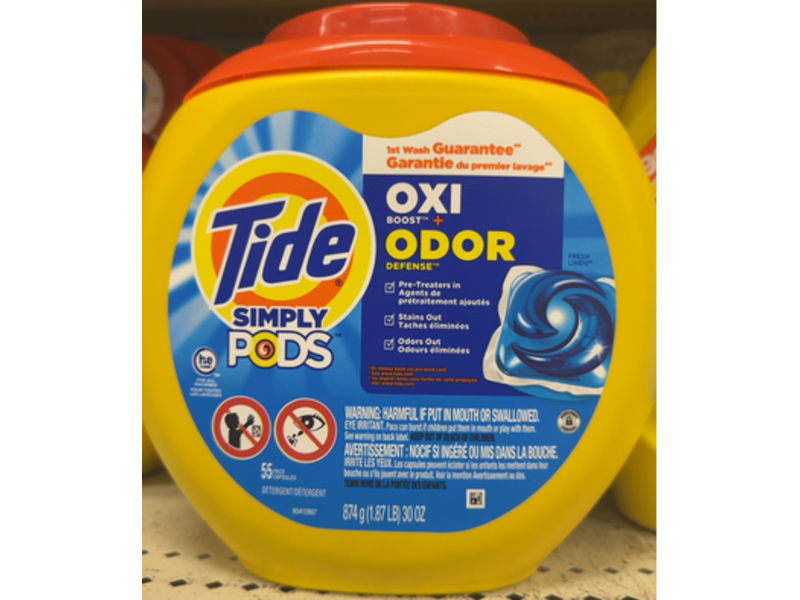 Tide Simply Pods Oxi Boost + Odor Defense Laundry Detergent PACS, Fresh Linen, 30 oz/874 g, 55 PACS