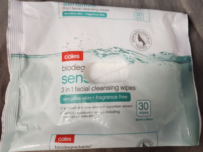 Coles Biodegradable Sensitive 3 In 1 Facial Cleansing Wipes, Fragrance Free, 30 Wipes