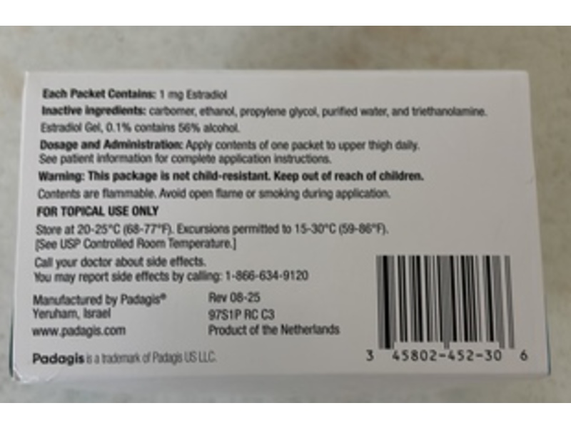 Estradiol Gel, 0.1%, 1 mg, Pack Of 30, Padagis (Rx)