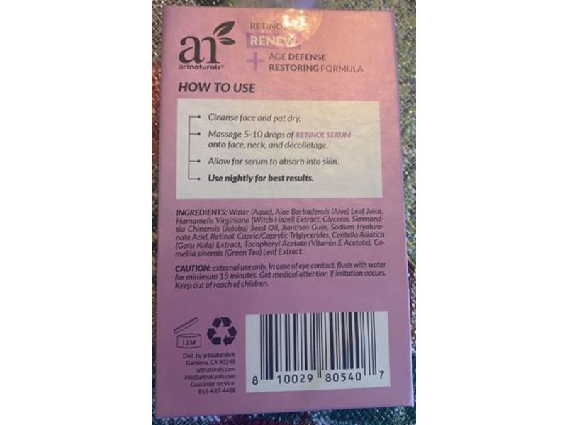 Artnaturals Mini Retinol Serum, Age Defying + Restoring Formula, 0.33 fl oz/10 mL