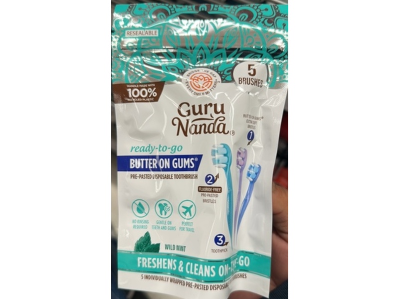 GuruNanda Butter On Gums Pre-Pasted Disposable Toothbrush, Wild Mint, 5 Count