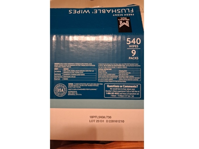 Member's Mark Flushable Wipes, Fresh Scent, 540 Count, Pack Of 9
