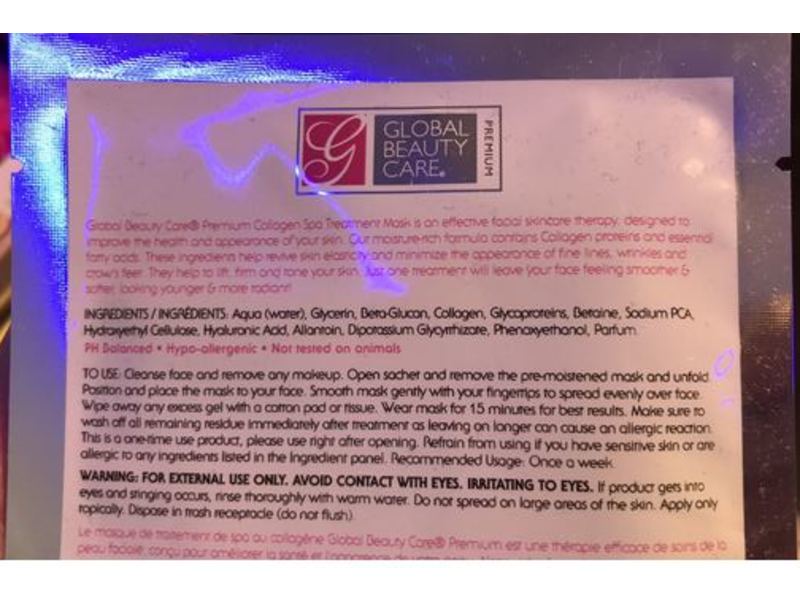 Global Beauty Care Collagen Spa Treatment Mask, Anti-Aging Serum, 1 Count
