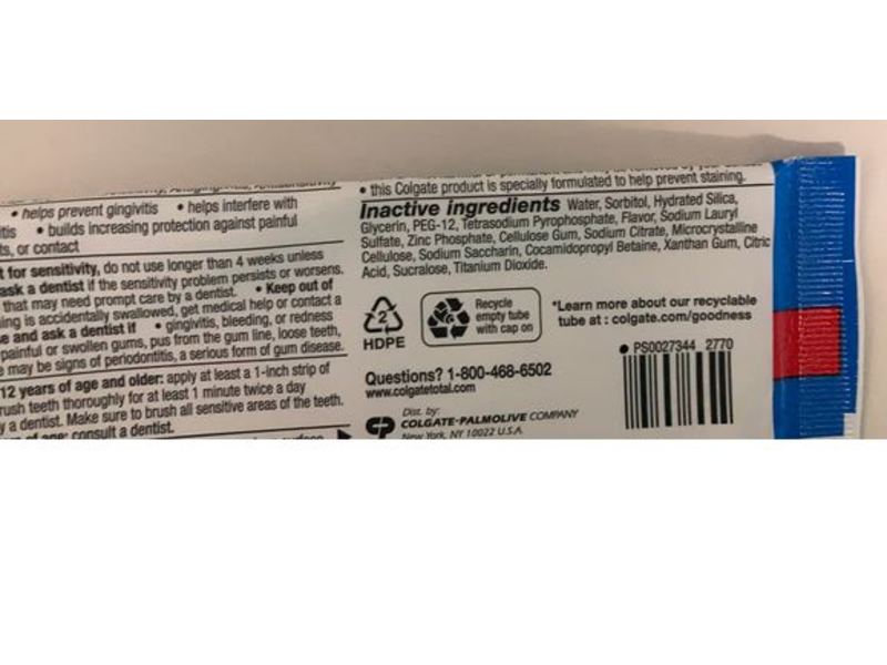 Colgate Total Whole Mouth Health Toothpaste, Whitening, 5.1 oz/144 g