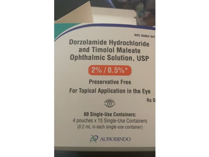 Dorzolamide Hydrochloride And Timolol Maleate Ophthalmic Solution, USP, 2%/0.5%, 60 Single Use, Aurobindo, (RX)