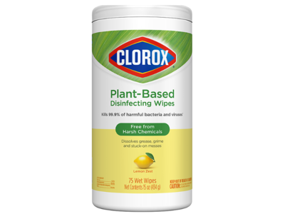 Clorox Plant-Based Disinfecting Wipes, Lemon Zest,75 Wet Wipes,15 oz/434 g, Pack Of 3