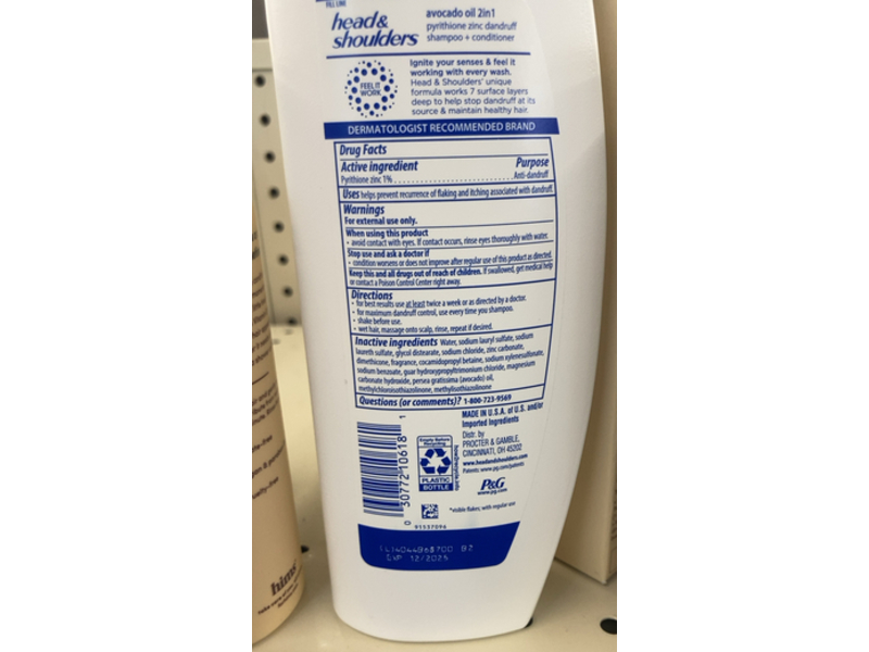 Head & Shoulders 2 In 1 Shampoo + Conditioner, Avocado Oil, 12.5 fl oz/370 mL