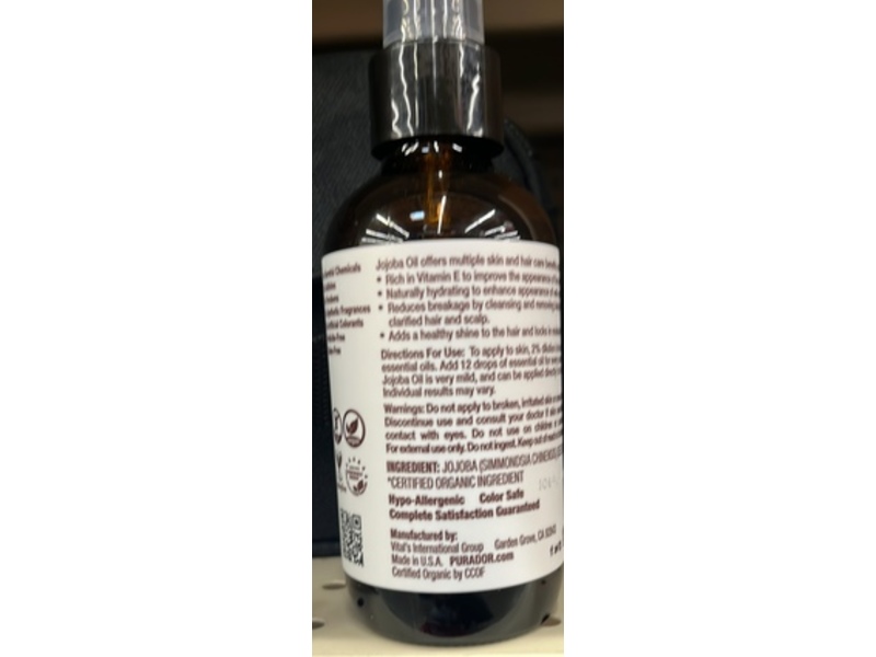Pura D'or Organic Jojoba Oil, 3.2 fl oz/95 mL