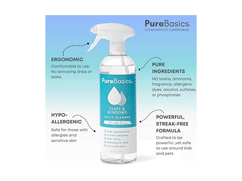 Pure Basics Window and Glass Cleaner - Plant Based Formula - No Streaks - Hypoallergenic - 24 fl. oz.