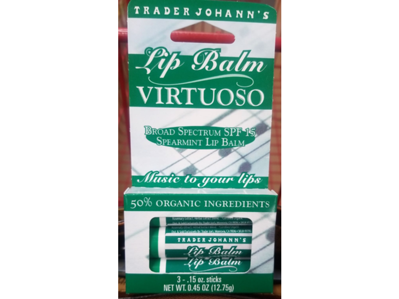 Trader Johann's Lip Balm, Virtuoso, Spearmint, SPF 15, 0.15 oz, Pack Of 3