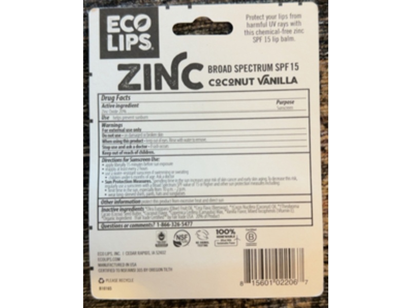 Eco Lips Zinc Sunscreen Lip Balm Broad Spectrum, Coconut Vanilla, Spf 15, 15 oz/4.25 g