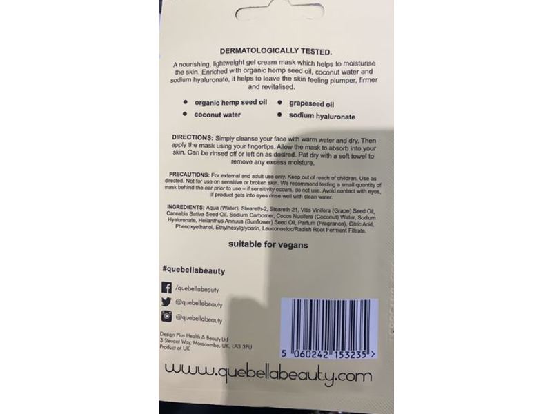 Que Bella Hydrating Hemp & Coconut Cream Mask, Soothes & Hydrates, 0.5 oz/15 g