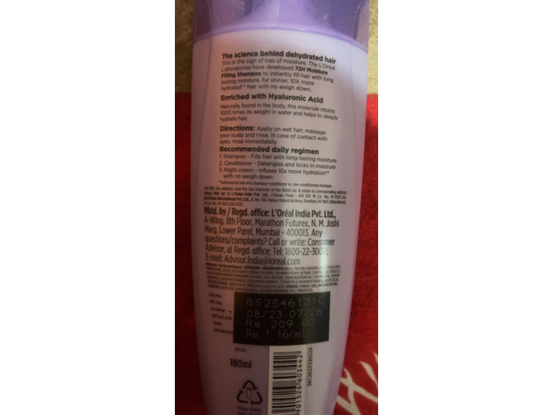 L'Oreal Moisture Filling Shampoo, Hyaluronic Acid, 180 mL