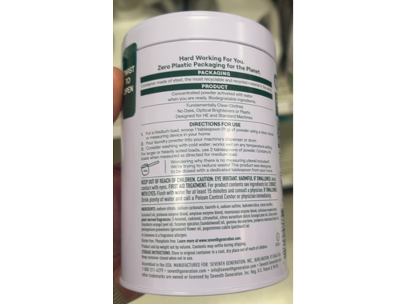 Seventh Generation Laundry Detergent Powder, Zero Plastic, Citrus & Sandalwood Scent, 45 Loads, 18.5 oz/524 g