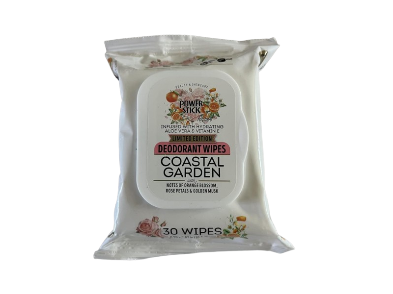 Power Stick Coastal Garden Deodorant Wipes, Orange Blossom, Rose Petals & Golden Musk, 30 Count