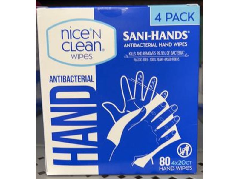 Nice N Clean Sani-Hands Antibacterial Hand Wipes, 80 Count, Pack Of 4