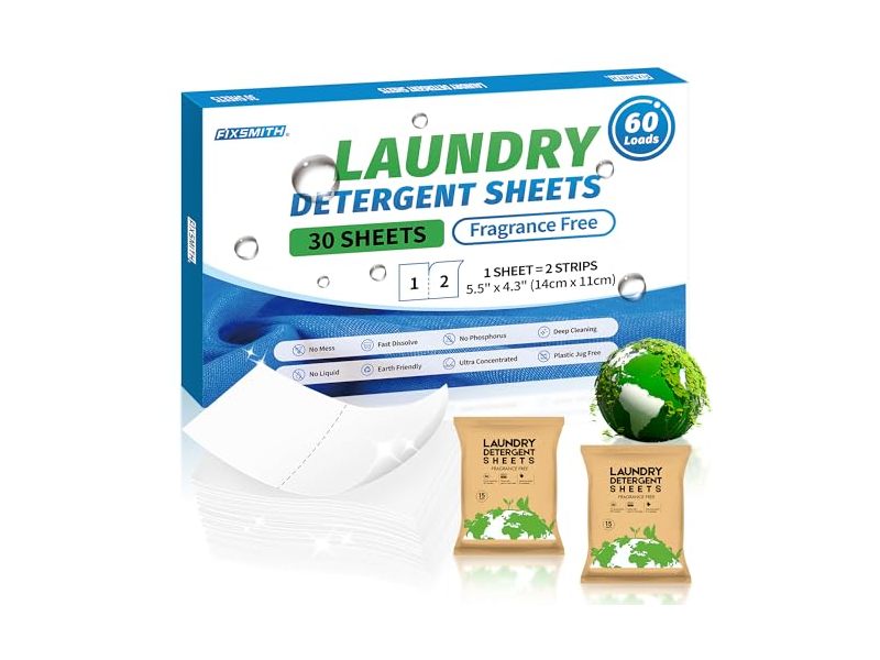 Fixsmith Laundry Detergent Sheets, Fragrance Free, 60 Loads, 30 Sheets