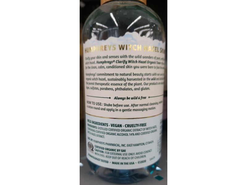 Humphreys Witch Hazel Organic Toner, Clarify, 8 fl oz/236 mL