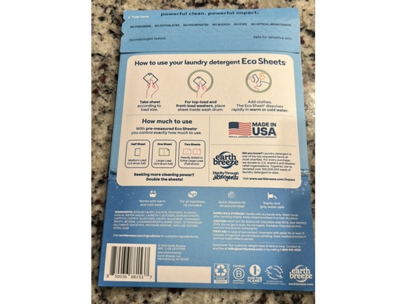 Earth Breeze Laundry Detergent Eco Sheets, 60 Loads 30 Count