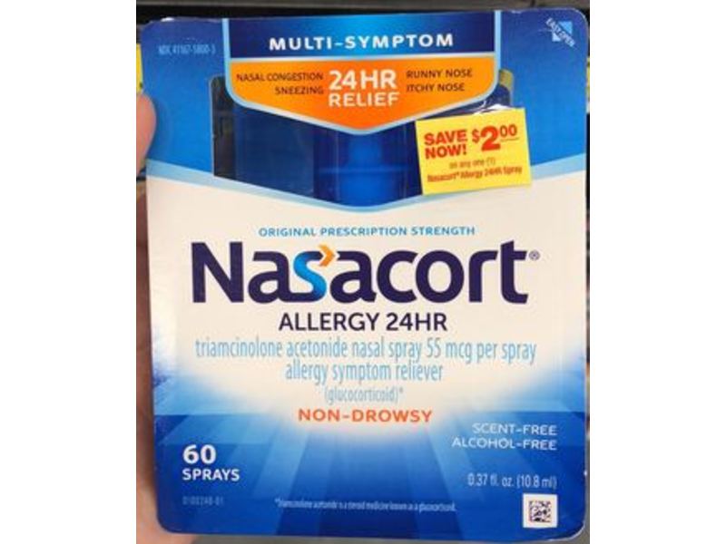 Nasacort Allergy 24Hr Nasal Spray, Non-Drowsy, Scent-Free, Alcohol-Free, 0.37 fl oz/10.8 mL, 60 Count