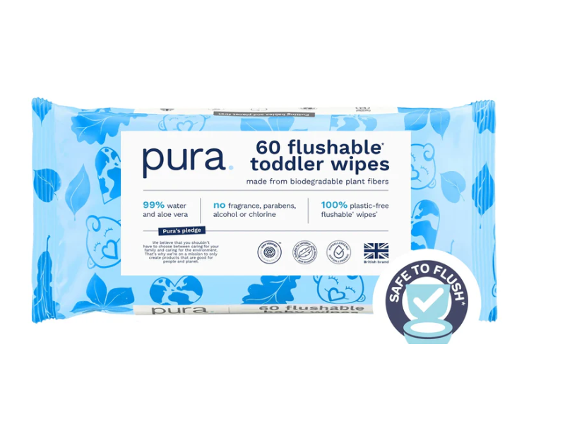 Pura Flushable Toddler Wipes, 60 Wipes
