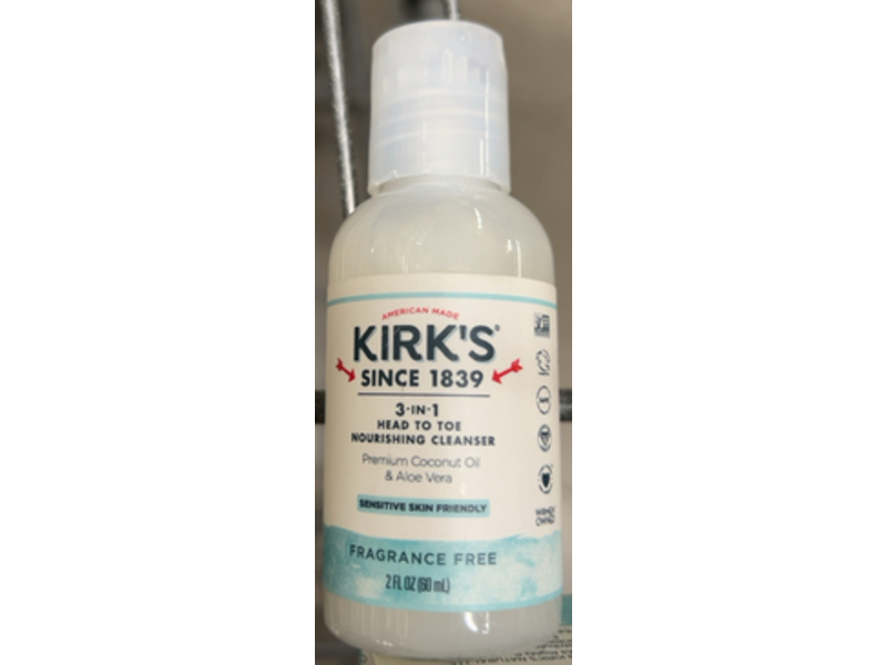 Kirks 3 - In - 1 Head To Toe Nourishing Cleanser, Premium Coconut Oil & Aloe Vera, 2 fl oz/60 mL