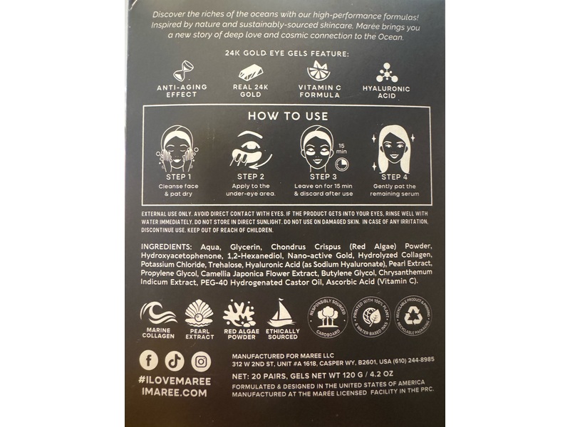 Maree 24K Gold Collagen Eye Gels, 20 Pairs