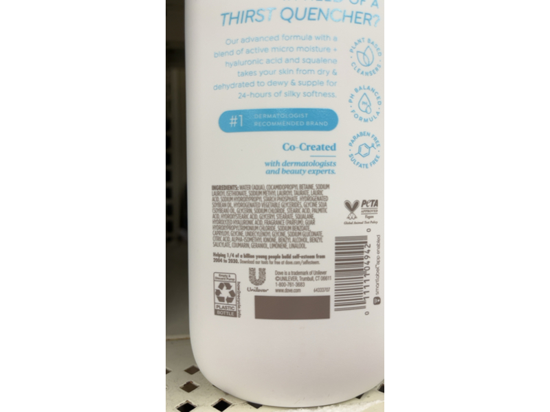 Dove Hydration Boost Body Wash, Hyaluronic, 18.5 fl oz/547 mL