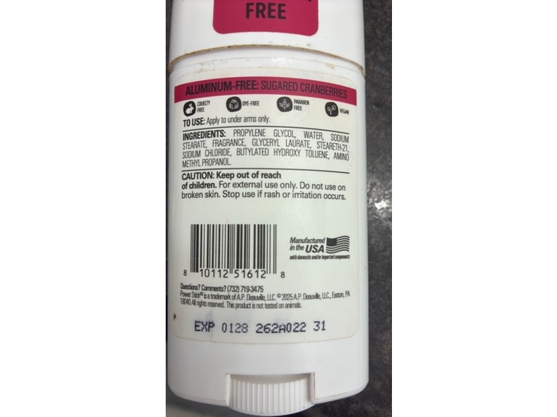 Beauty & Skincare Power Stick Deodorant, Sugared Cranberries, Aluminum Free, 2.25 oz/64 g