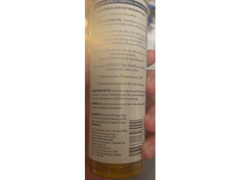 Aveeno Skin Relief Body Oil Spray, Oat oil & Jojoba Oil, 200 mL