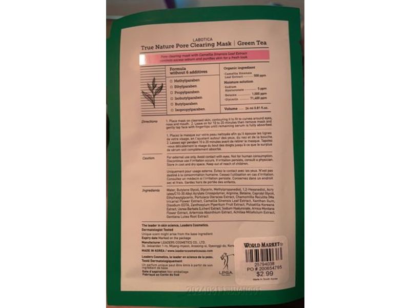 Labotica True Nature Pore Cleaning Mask, Green Tea, 0.81 fl oz/24 mL, Pack Of 10