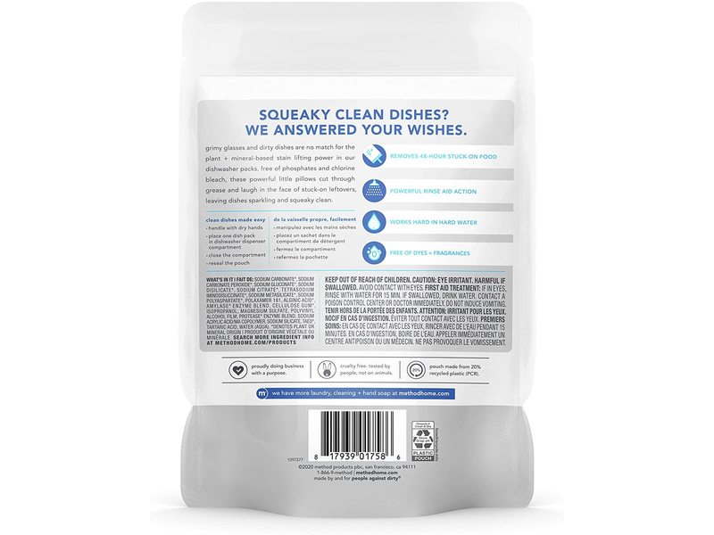 Method Dishwasher Packs, Free + Clear, 20 Packs, Pack Of 6