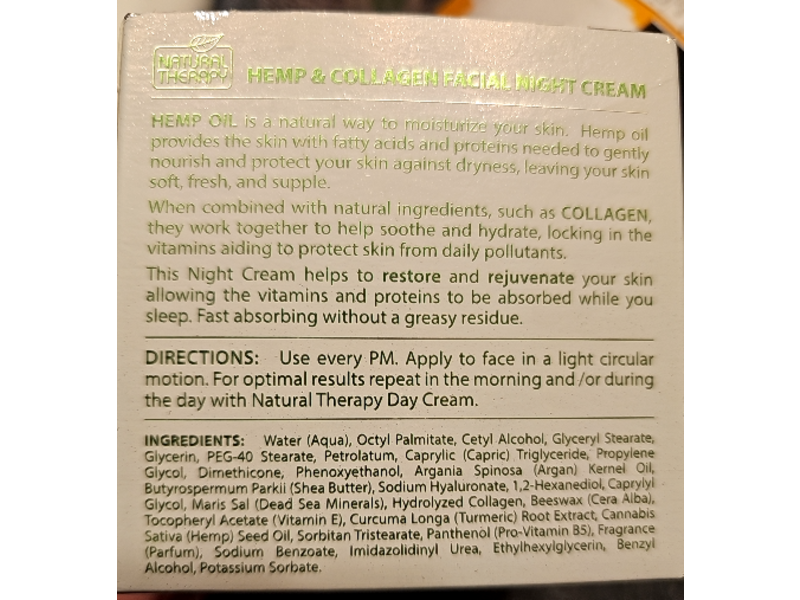 Natural therapy Natural Therapy Hemp & Collagen Night Cream, 1.69 fl oz/50 mL