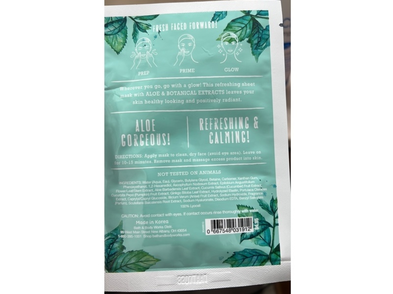 Bath & Body Works Refreshing Sheet Mask, Alor & Botanical Extraacts, 0.7 oz/20 g