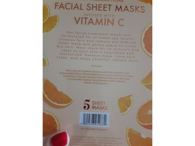 Body Prescriptions Facial Sheet Masks, Vitamin C, 5 Sheets Mask, 0.88 oz/25 g