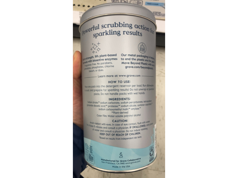 Grove Co. Pure Power Dishwasher Detergent Packs, Free & Clear, 15.8 oz/450 g, 30 Count