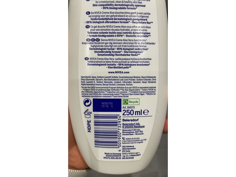 Nivea Pure Care Shower Cream, Aloe, 250 mL
