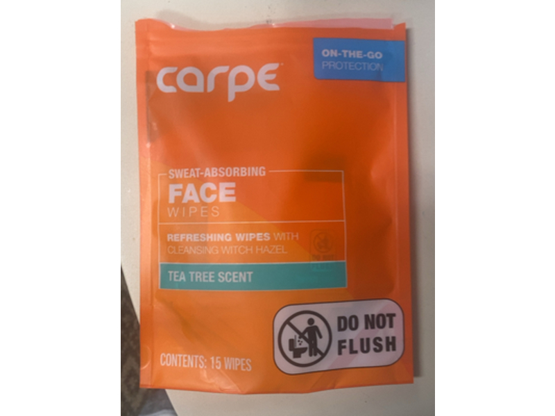 Carpe Sweat Absorbing Face Wipes, Tea Tree, 15 Count