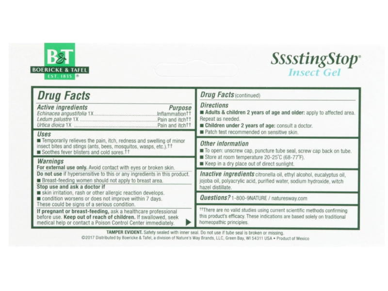 Boericke & Tafel Itch & Pain Of Insect Bite Ssssting Stop Gel, 2.75 oz/78 g