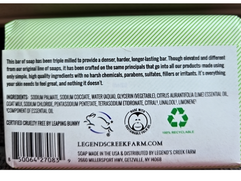 Legend's Creek Farm Goat Milk Soap, Fresh Lime, 9 oz/255 g