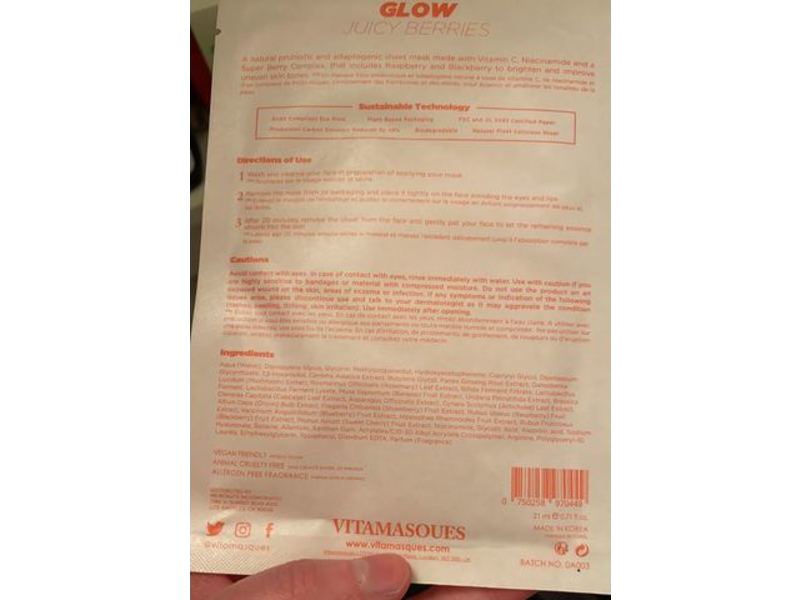 Vitamasques Glow Biodegradable Sheet Mask & Eco-Pouch, Juicy Berries, 0.74 fl oz/21 ml