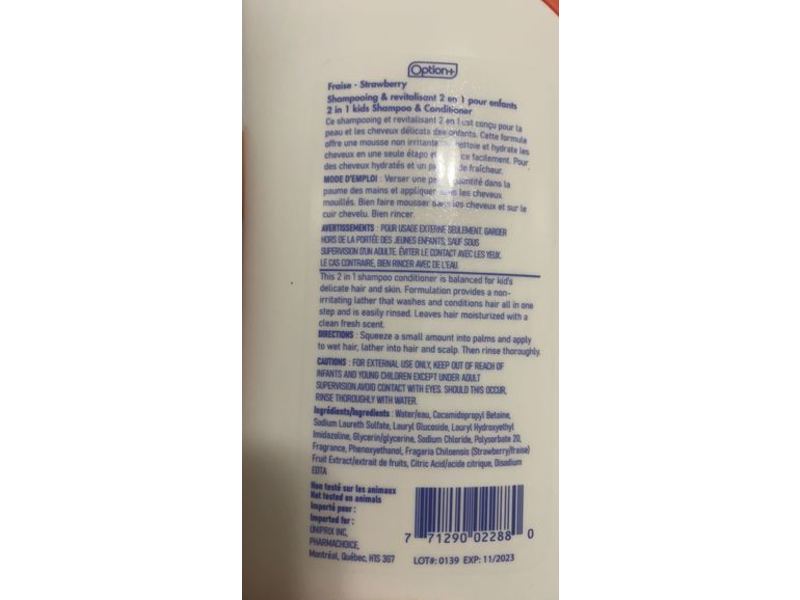 Option+ 2 In 1 Enfants Kids Shampoo & Conditioner, Fraise Strawberry, 300 mL