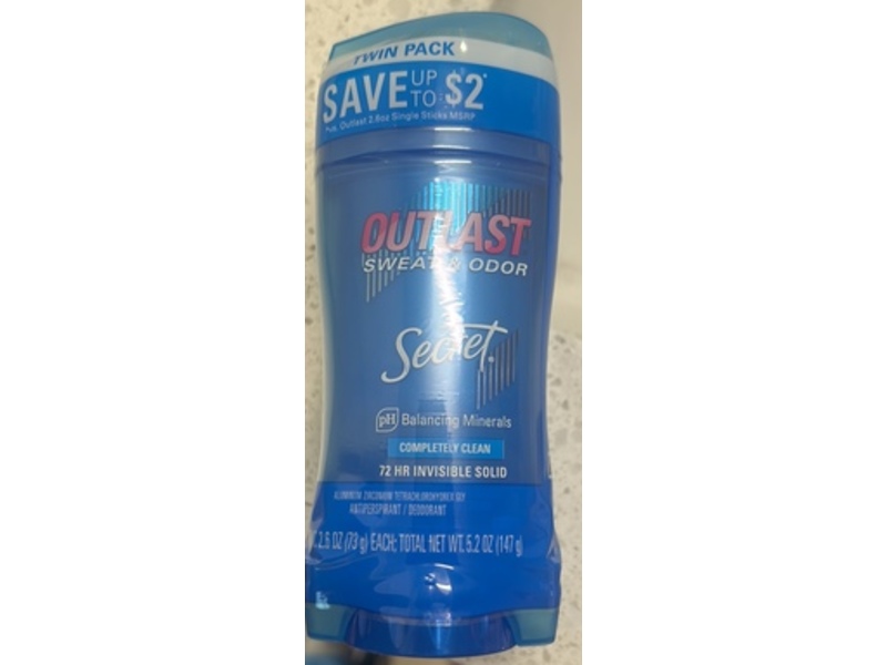 Secret Outlast Antiperspirant Deodorant, Completely Clean, 2.6 oz/73 g, Pack Of 2