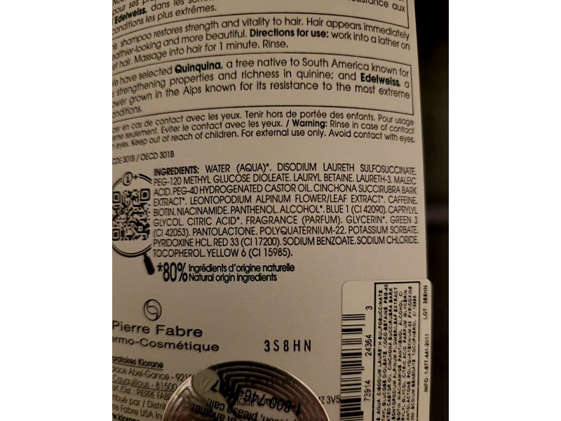 Klorane Strengthening Thinning Hair Shampoo, Quinine & Organic Edelweiss, 13.5 fl oz/400 mL