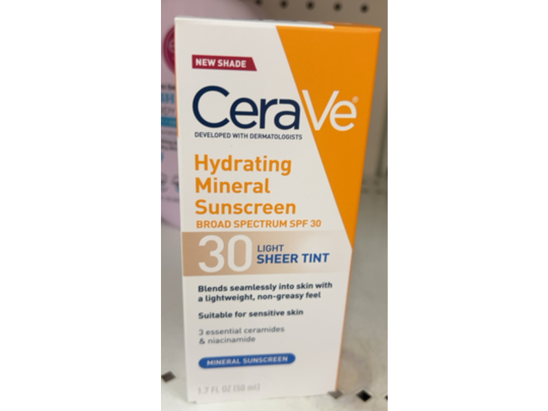 CeraVe Hydrating Mineral Sunscreen, SPF 30 Light Sheer Tint, 1.7 fl oz/50 mL