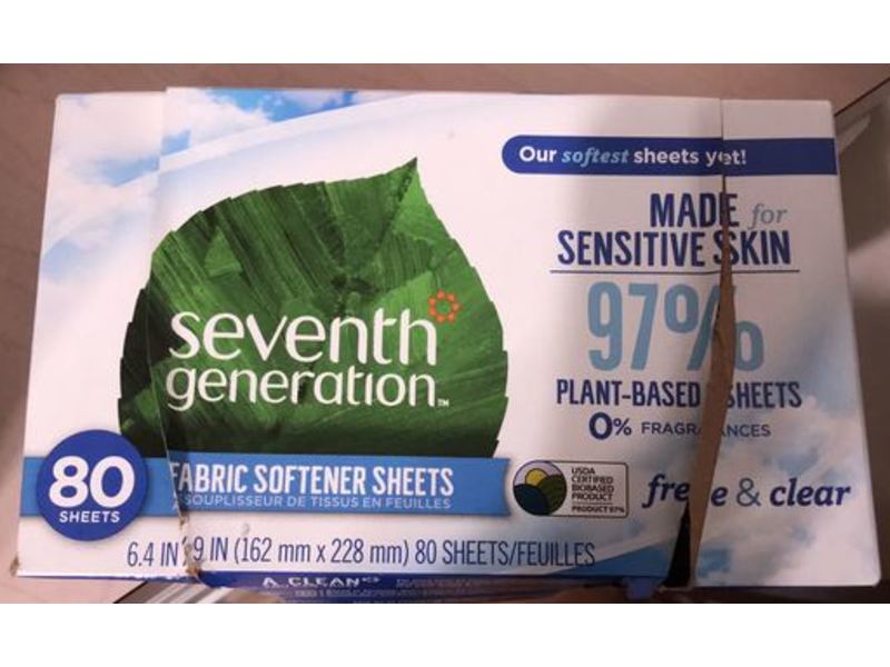 Seventh Generation Fabric Softener Sheets, Free & Clear, 80 Count