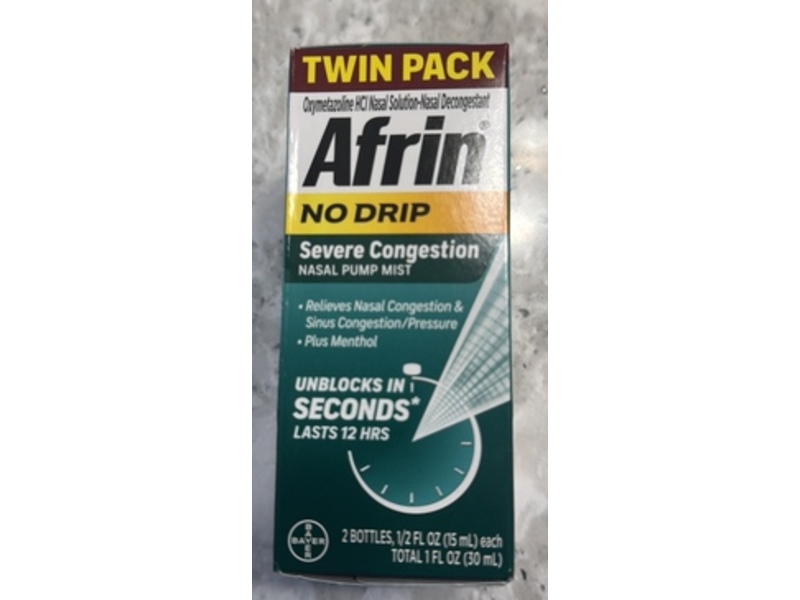 Afrin No Drip Severe Congestion Nasal Pump Mist, ½ fl oz/15 mL, Pack of 2
